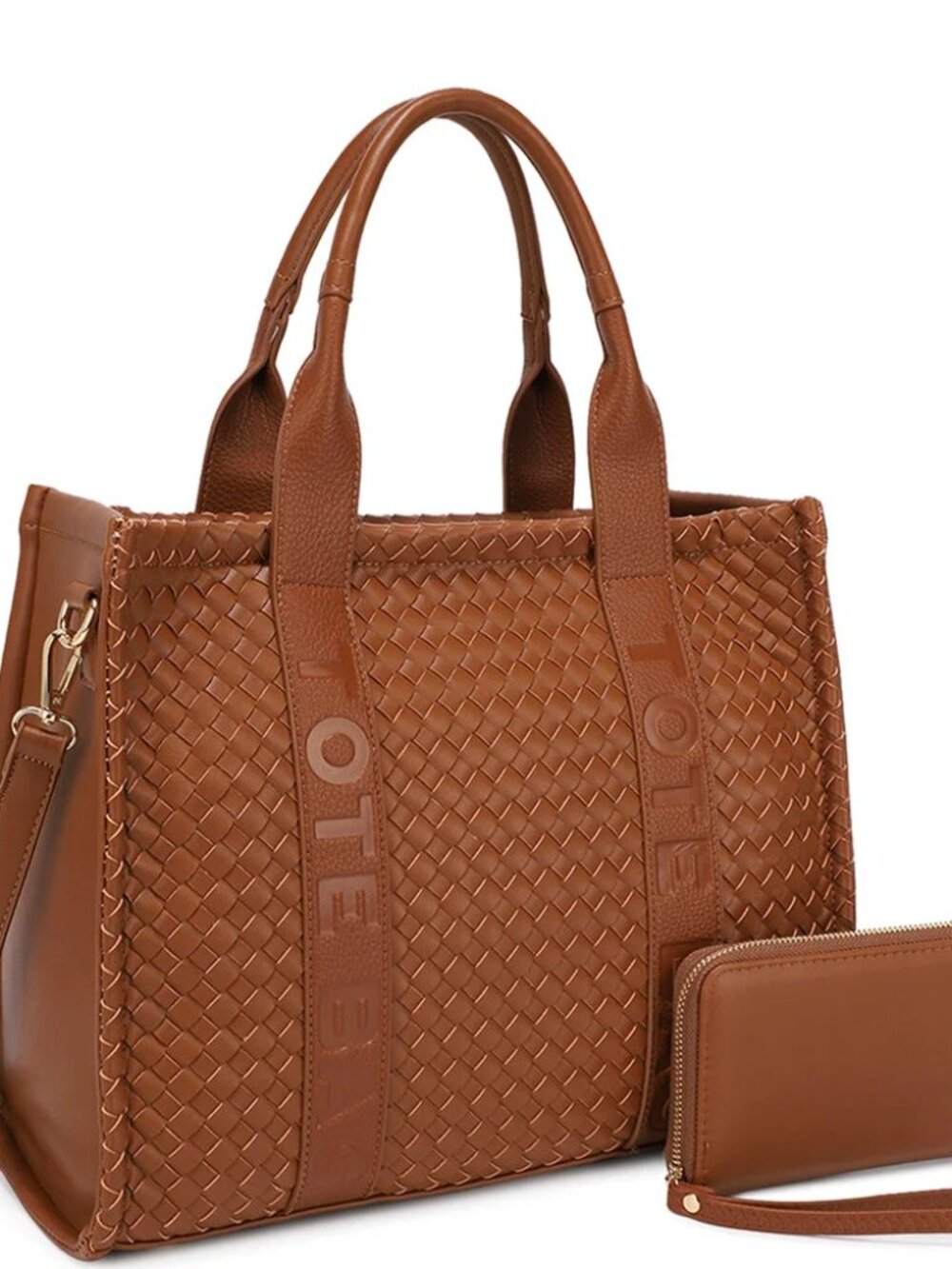 Brown Woven Tote Bag With Wallet And Heart Charm And Crossbody Strap
